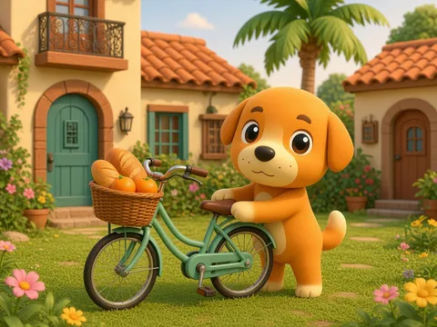 Perro del barrio junto a una bicicleta con pan y naranjas