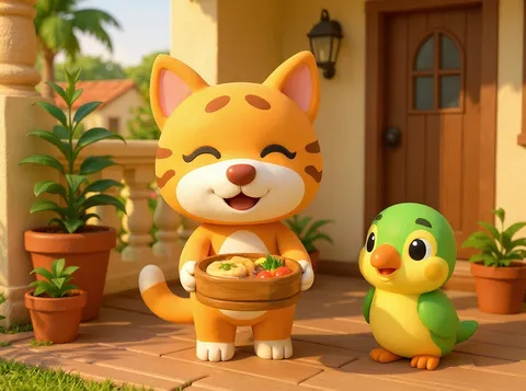 Gata vecina ofreciendo comida casera a un loro del barrio